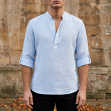 Malaga Linen Henley Shirt in Light Blue