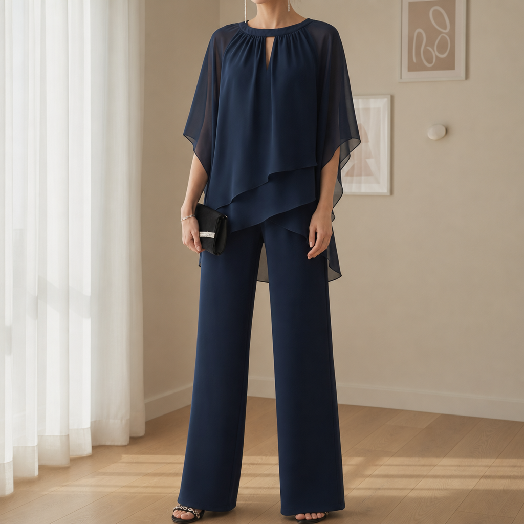 Matera Chiffon Layered Pants Set in Navy Blue