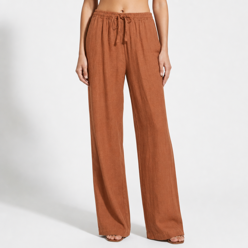 Lacoste Linen Wide Leg Pants in Rust Orange