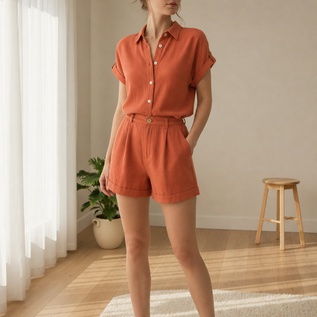 Funchal Linen Shirt Shorts Set in Orange