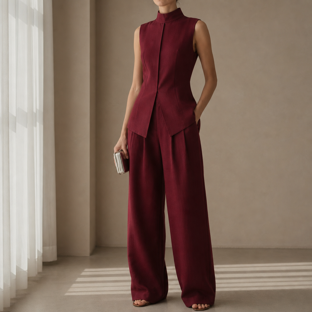 Altea Linen Mock-Neck Pant Set in Red