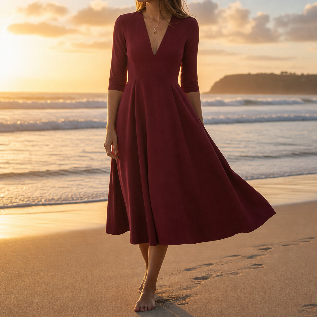 Ceret Deep V-Neck Midi Dress in Wine Red