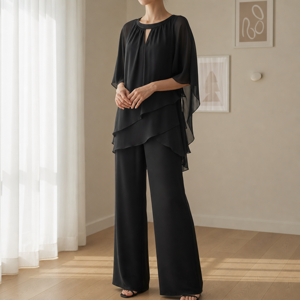 Matera Chiffon Layered Pants Set in Black