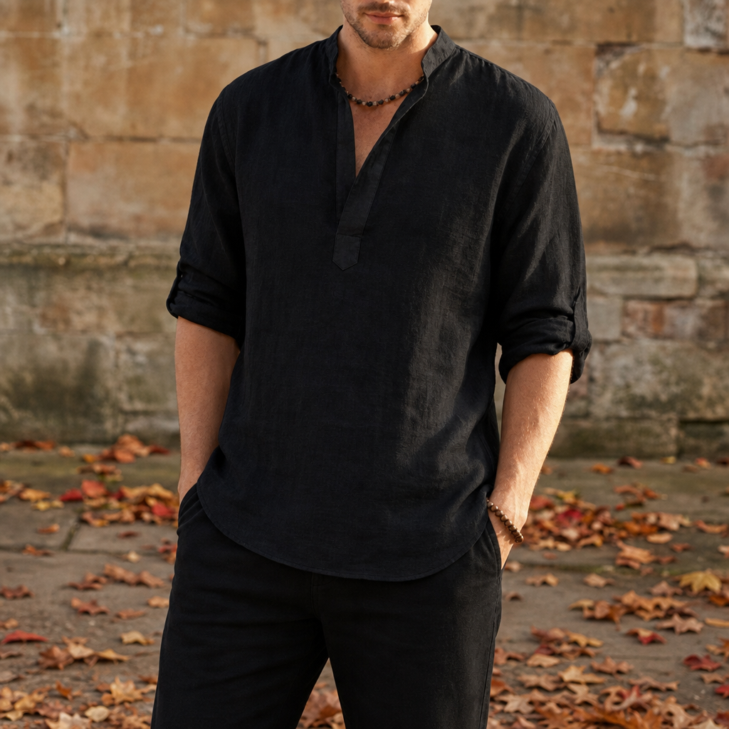 Malaga Linen Henley Shirt in Black