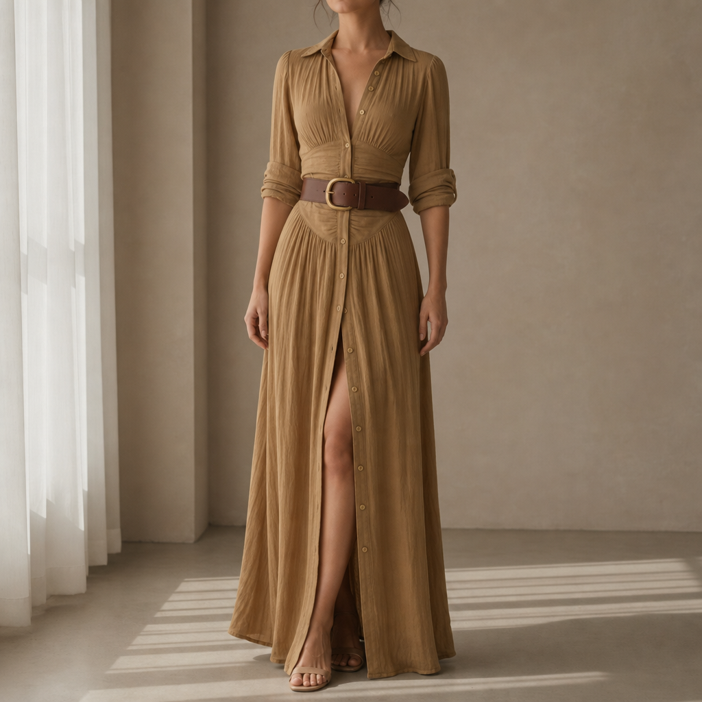Begur Belted Button-Front Maxi Dress in Brown