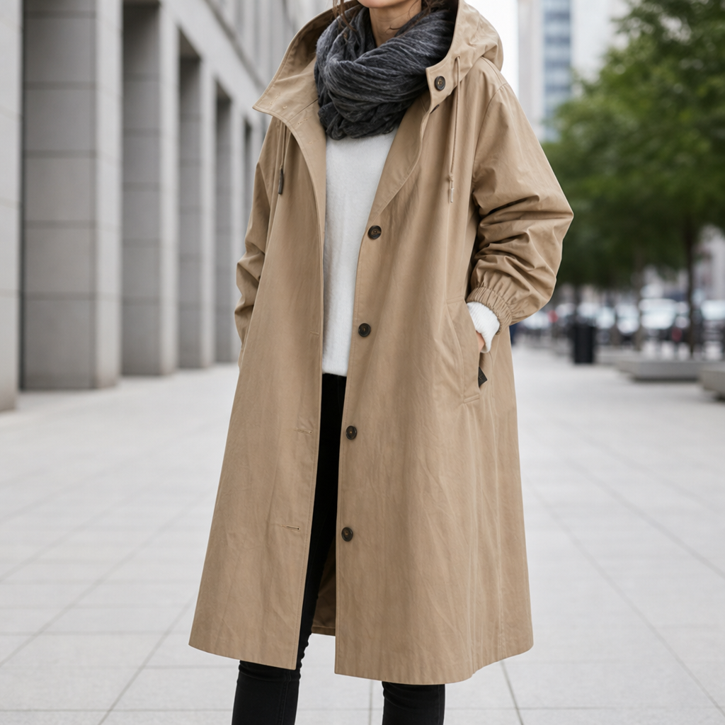 Assisi Hooded Long Trench Coat in Brown