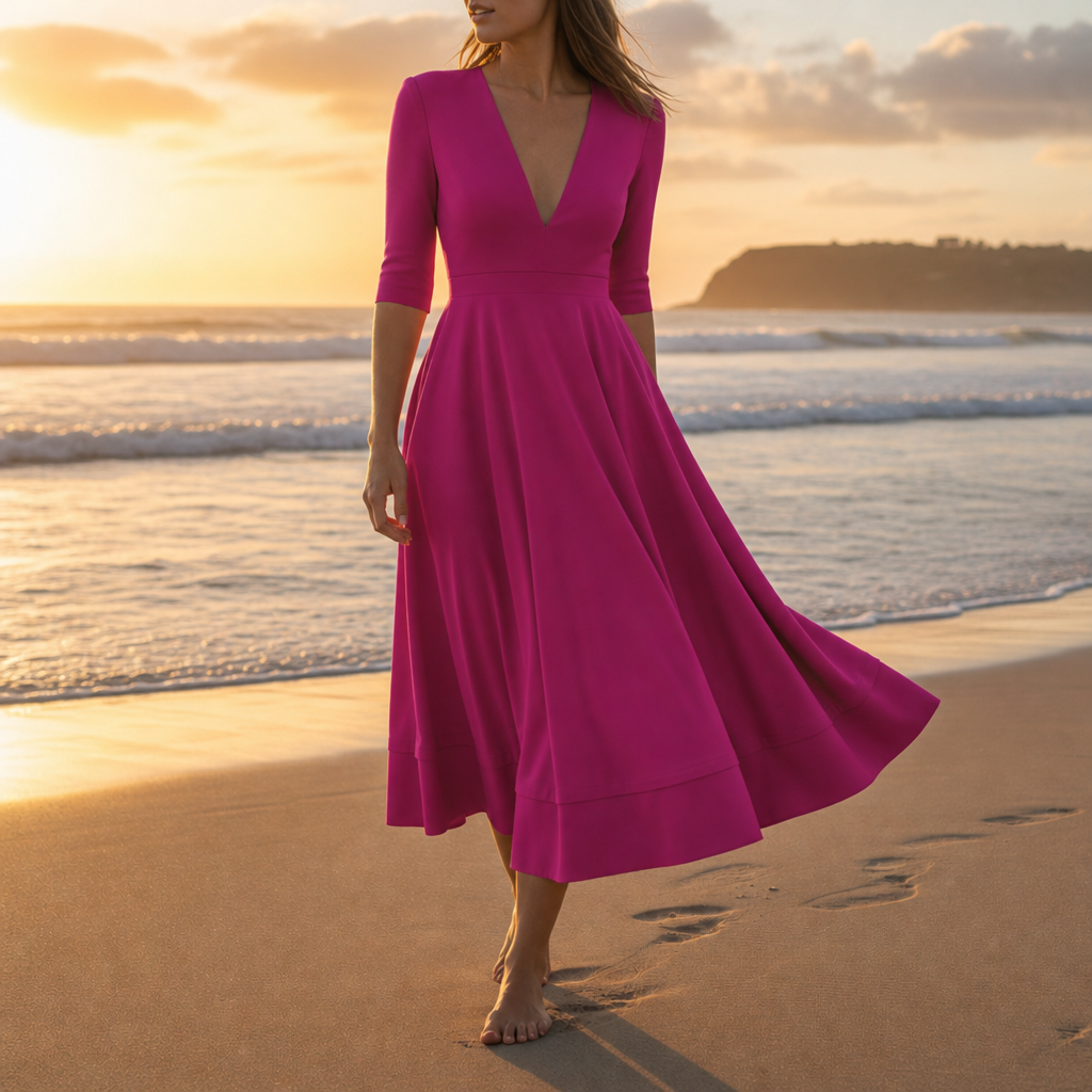 Ceret Deep V-Neck Midi Dress in Dark Pink