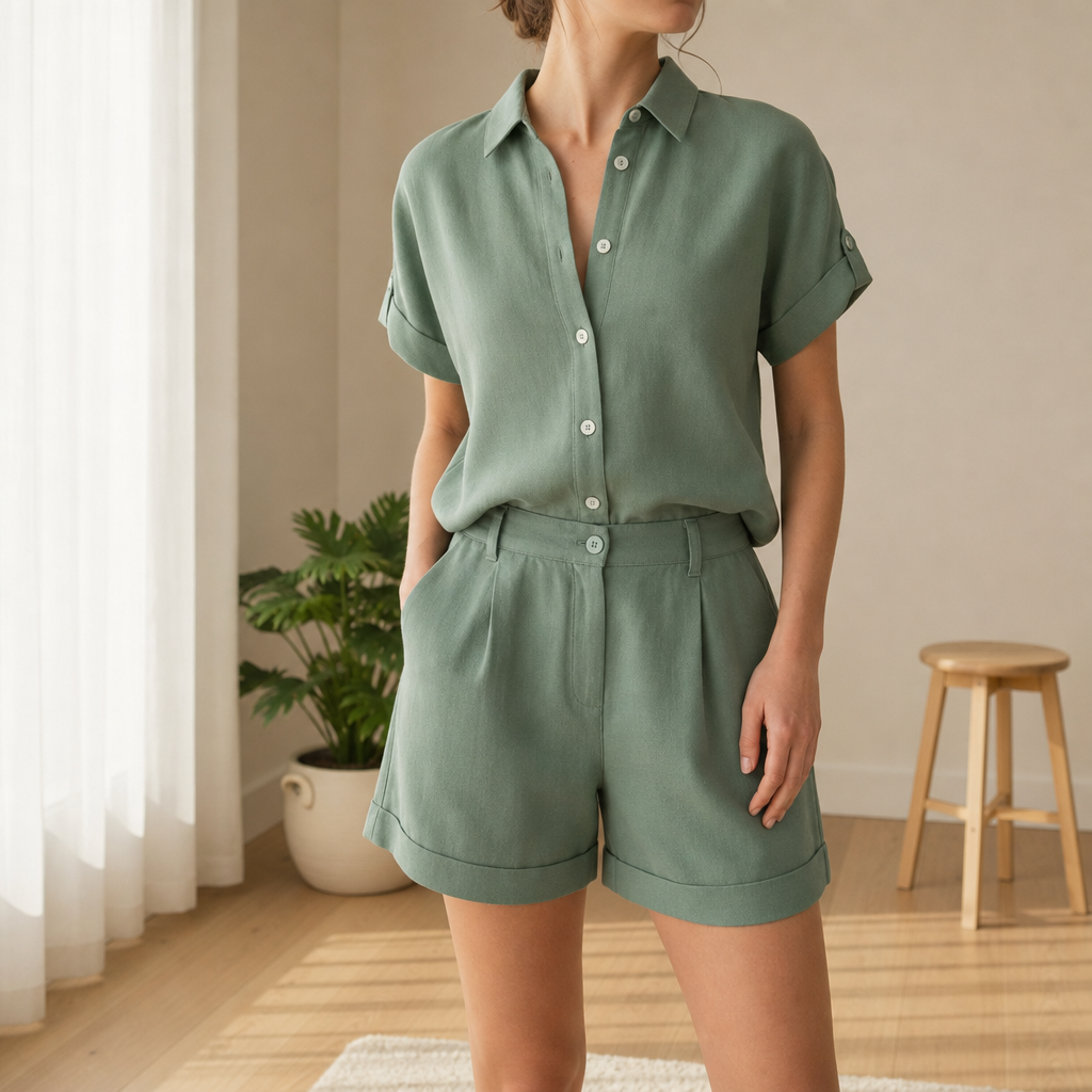 Funchal Linen Shirt Shorts Set in Green