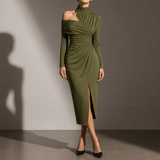 Formentera Ruched Asymmetrical Midi Dress in Green