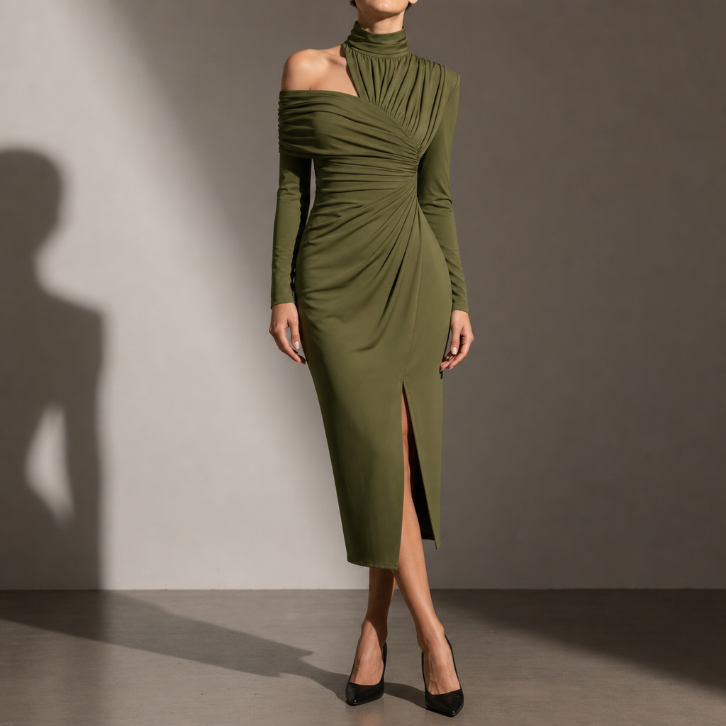 Formentera Ruched Asymmetrical Midi Dress in Green