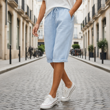 Tarifa Linen Drawstring Bermuda Shorts in Light Blue