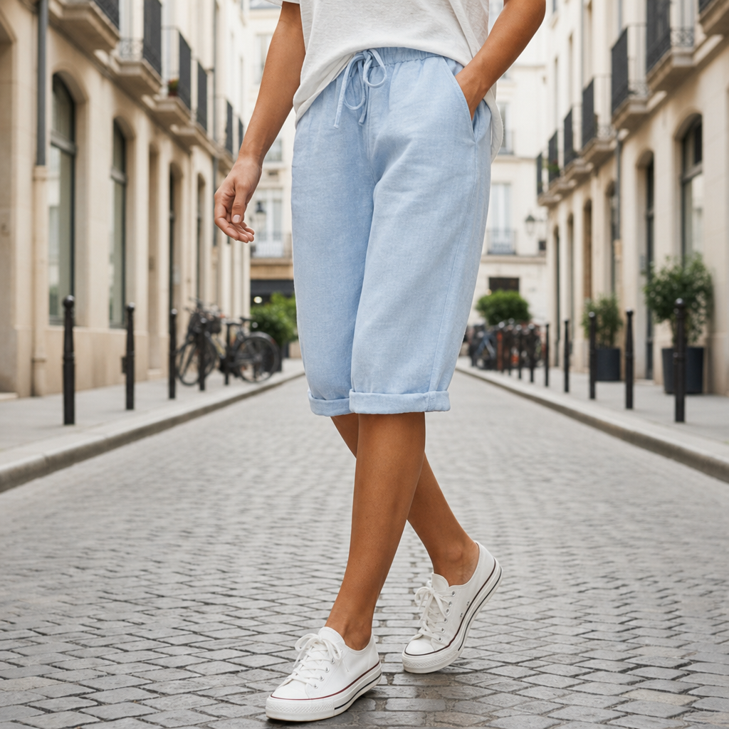 Tarifa Linen Drawstring Bermuda Shorts in Light Blue