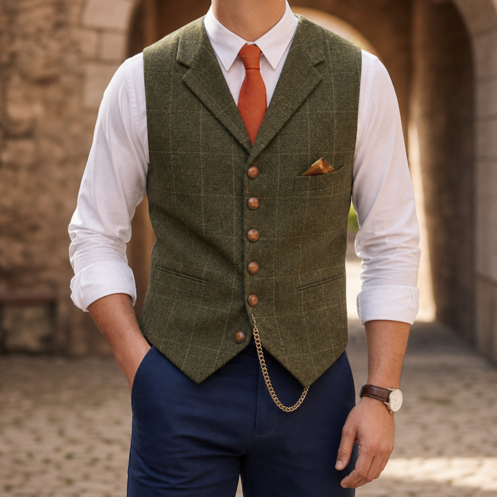 Milos Tailored Check Waistcoat in Olive Green