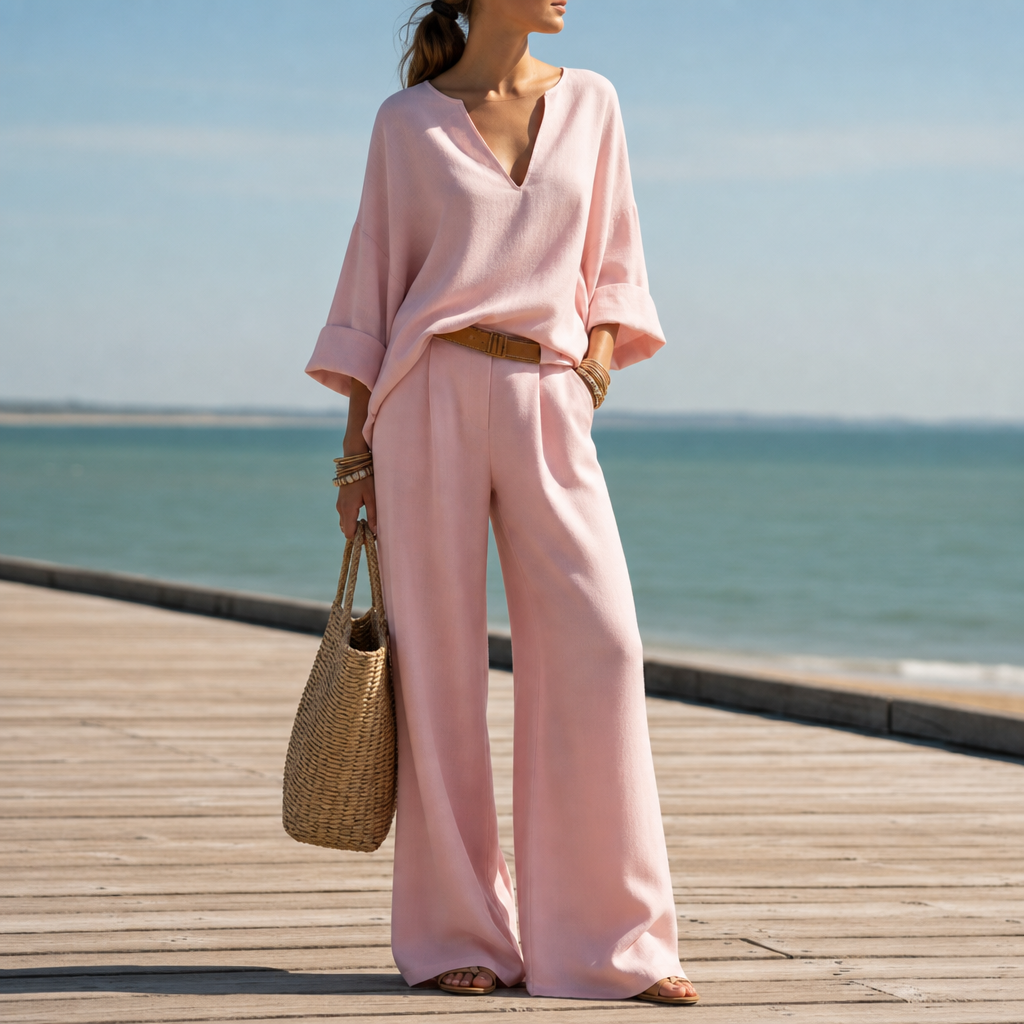 Lerici Linen Wide Leg Set in Blush Pink