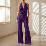 Sorrento Sequin Halter Wide-Leg Jumpsuit in Purple