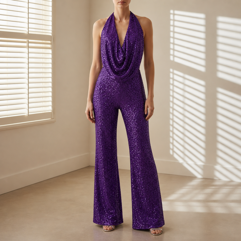 Sorrento Sequin Halter Wide-Leg Jumpsuit in Purple