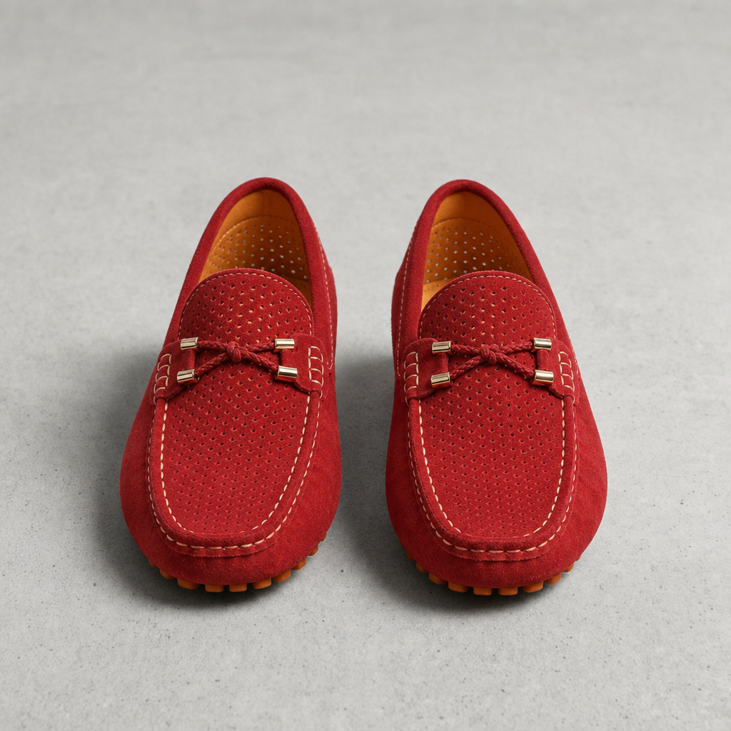 Anzio Perforated Suede Loafers in Red