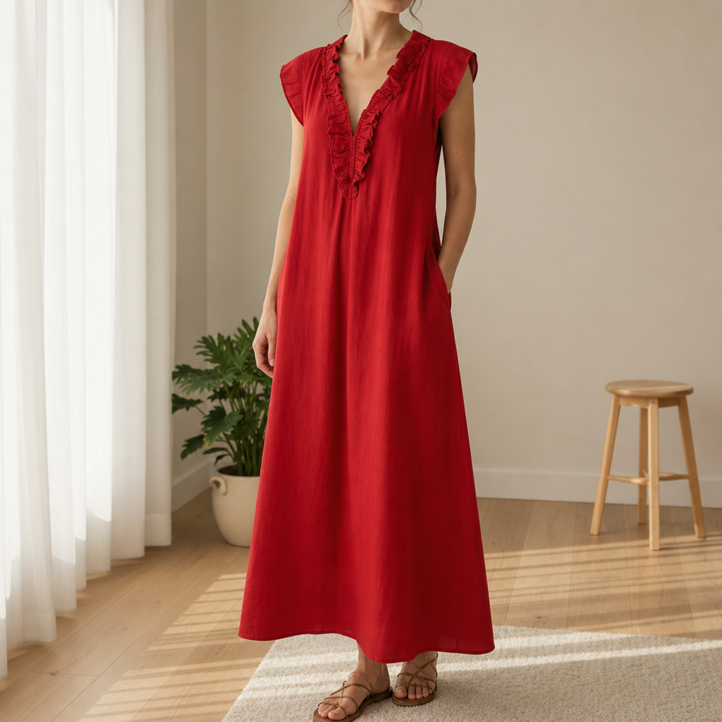 Comporta Ruffle V-Neck Maxi Dress in Red