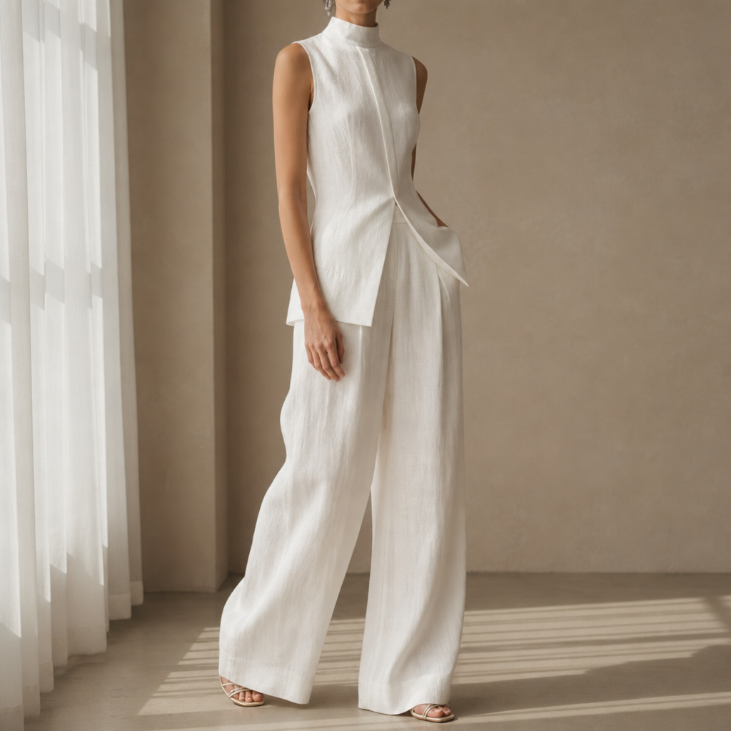 Altea Linen Mock-Neck Pant Set in White