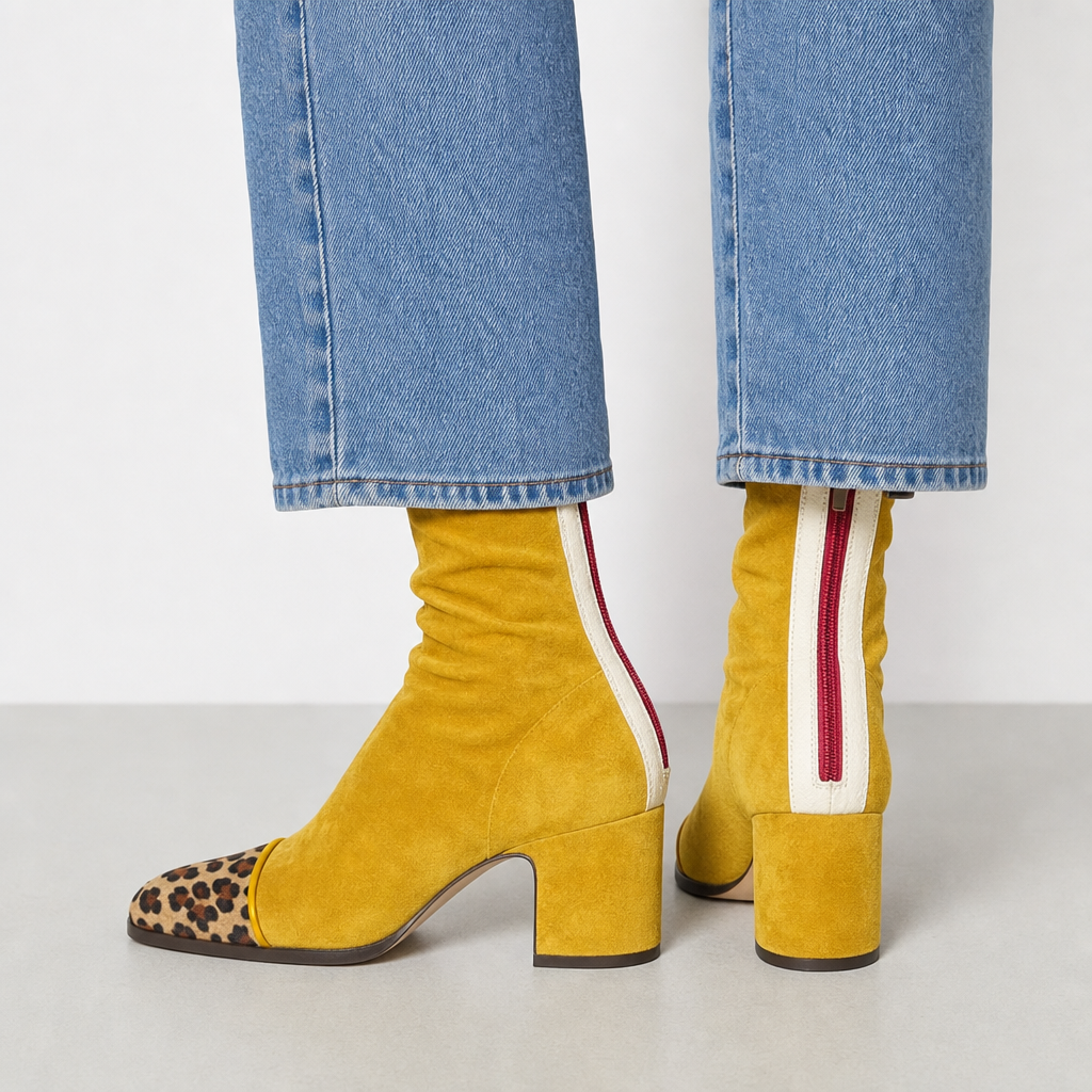 Poros Suede Block-Heel Boots in Butter Yellow