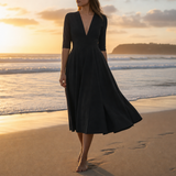Ceret Deep V-Neck Midi Dress in Black