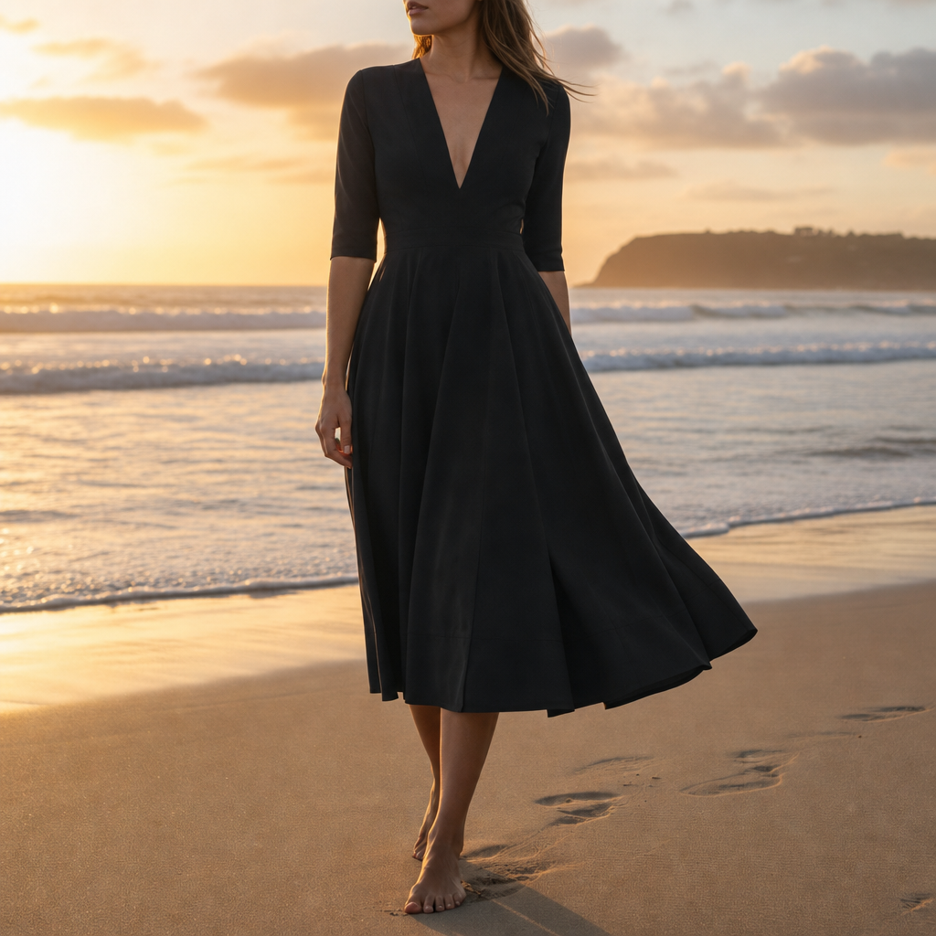 Ceret Deep V-Neck Midi Dress in Black