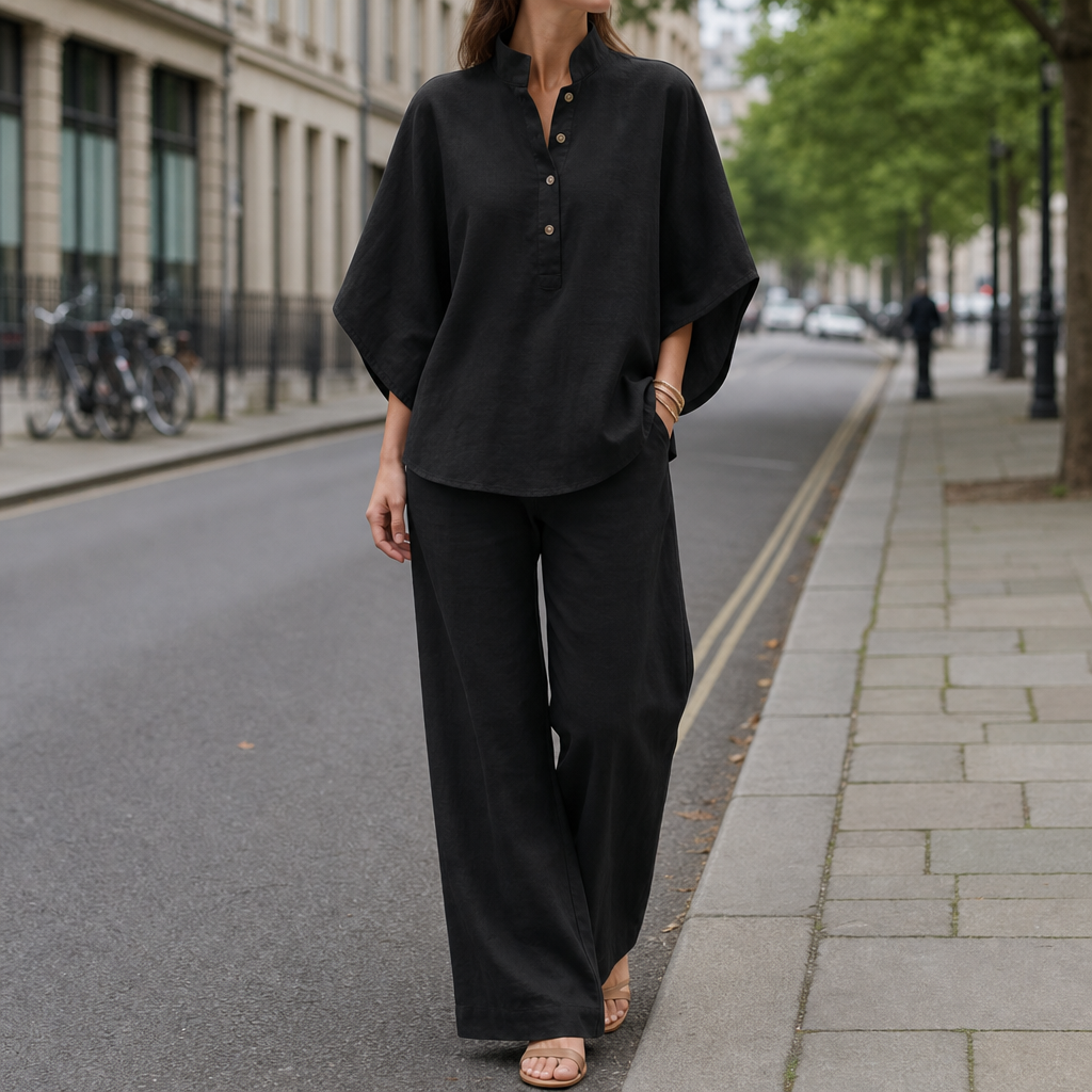 Collioure Linen Kimono Pants Set in Black