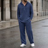 Patmos Hooded Henley Linen Set in Slate Blue