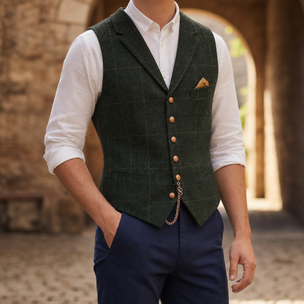 Milos Tailored Check Waistcoat in Dark Green