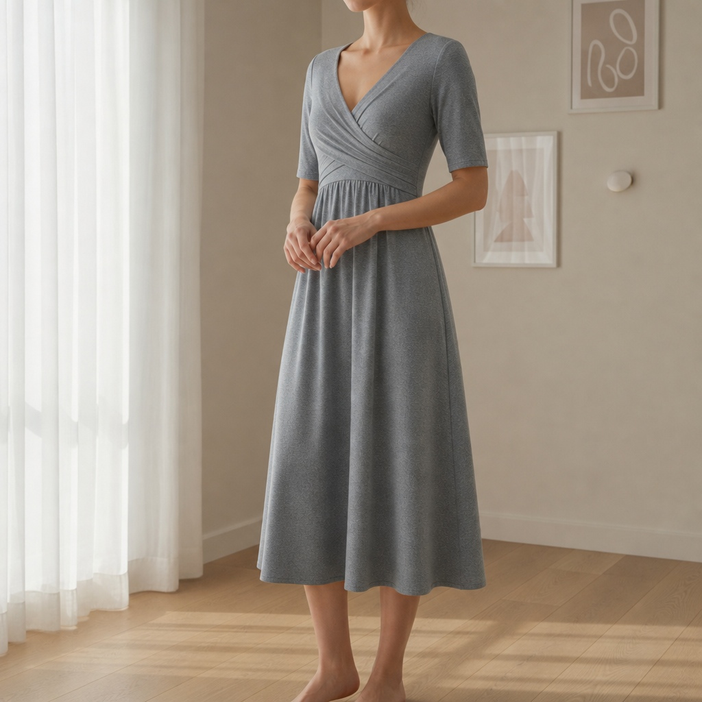 Rapallo Crossover Bodice Midi Dress in Gray