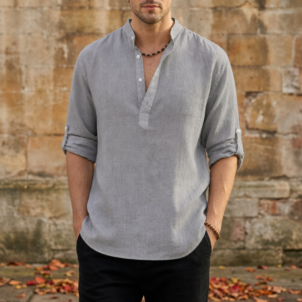 Malaga Linen Henley Shirt in Gray