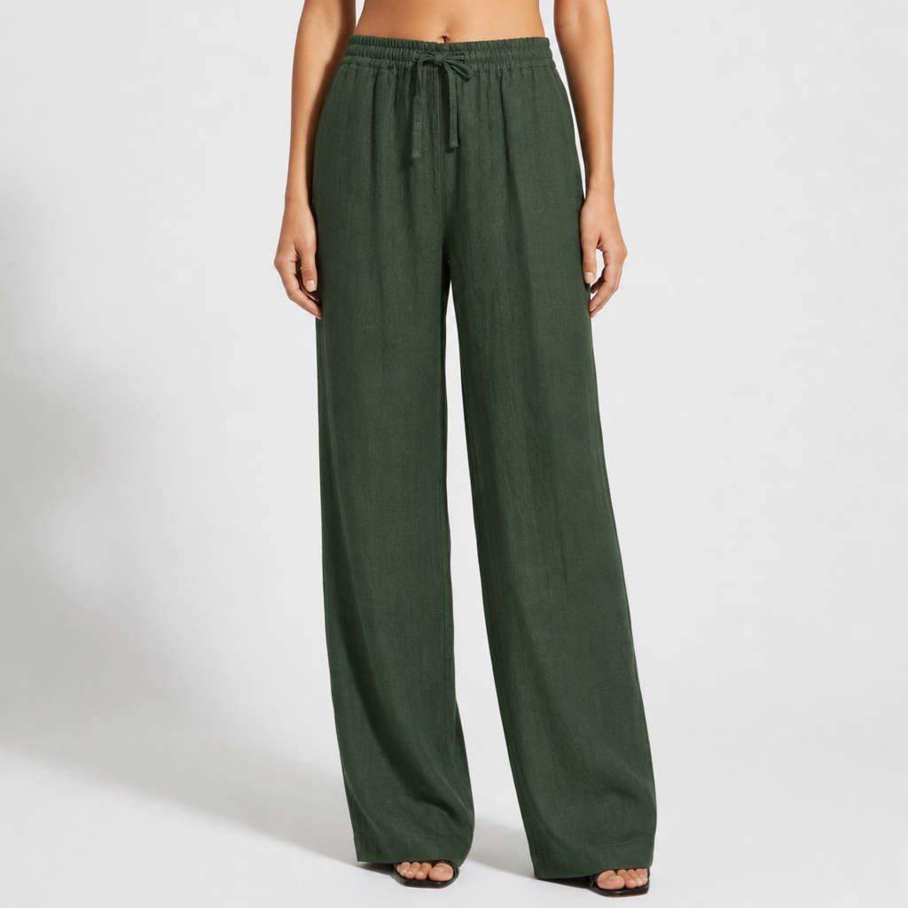 Lacoste Linen Wide Leg Pants in Olive Green