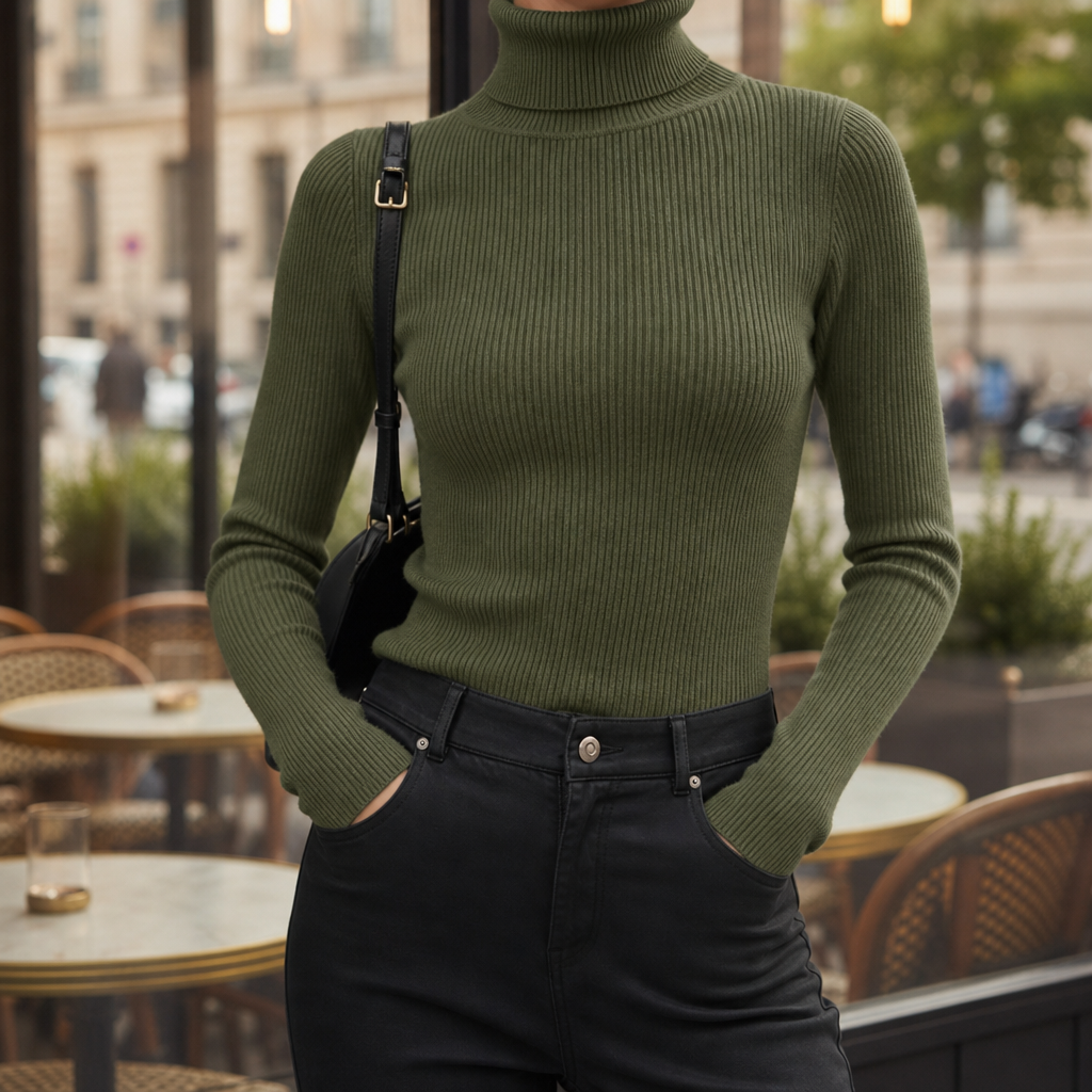 Paxos Ribbed Turtleneck Sweater in Olive Green