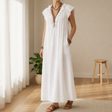 Comporta Ruffle V-Neck Maxi Dress in White