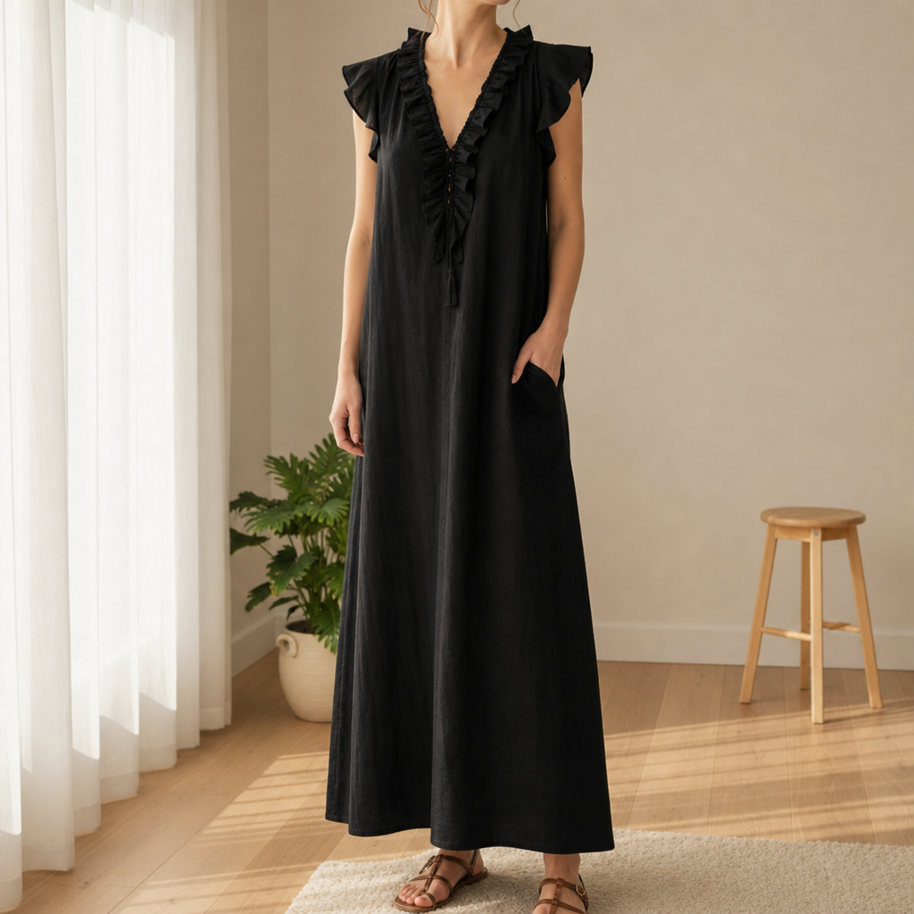 Comporta Ruffle V-Neck Maxi Dress in Black
