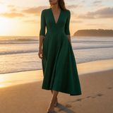 Ceret Deep V-Neck Midi Dress in Green