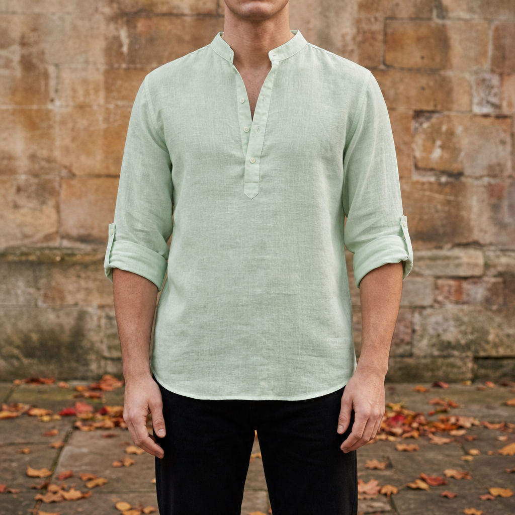 Malaga Linen Henley Shirt in Light Green