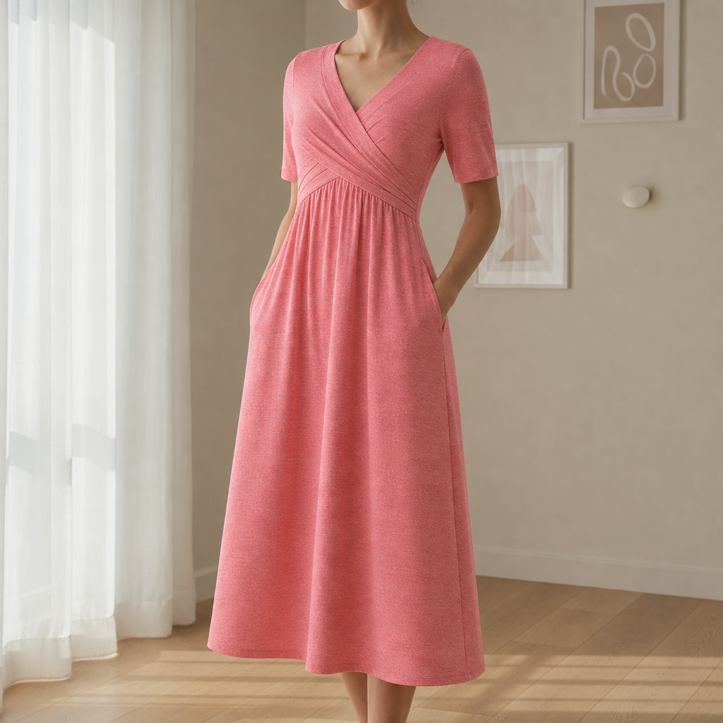Rapallo Crossover Bodice Midi Dress in Pink