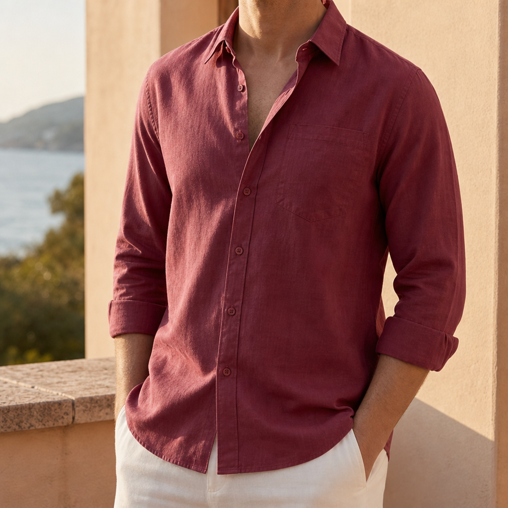 Spoleto Linen Blend Shirt in Burgundy Red