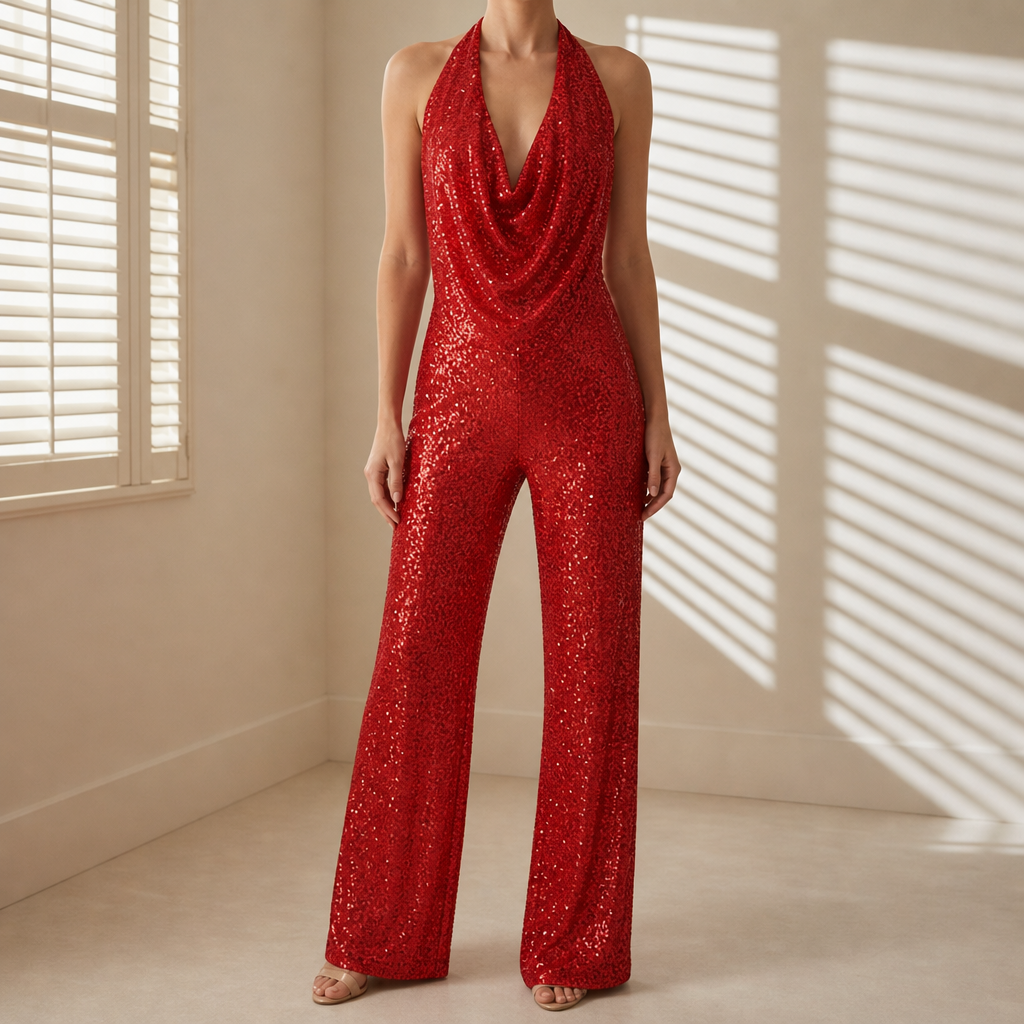 Sorrento Sequin Halter Wide-Leg Jumpsuit in Red