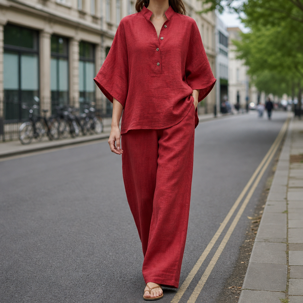 Collioure Linen Kimono Pants Set in Red