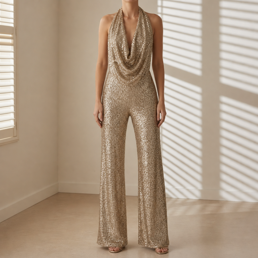 Sorrento Sequin Halter Wide-Leg Jumpsuit in Gold