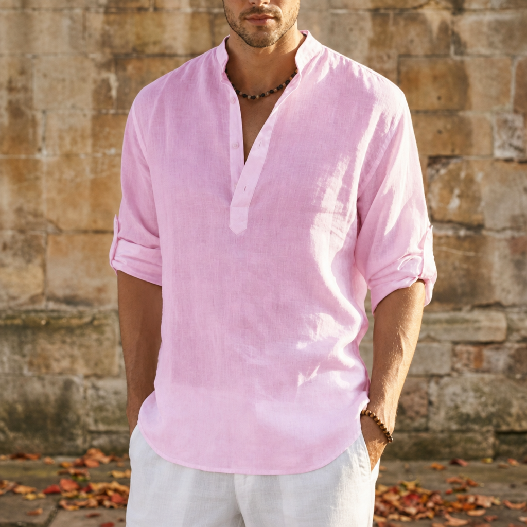 Malaga Linen Henley Shirt in Pink