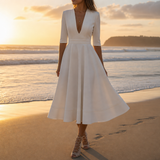Ceret Deep V-Neck Midi Dress in White