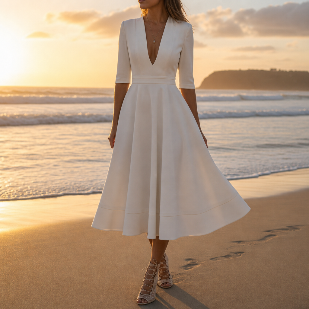 Ceret Deep V-Neck Midi Dress in White