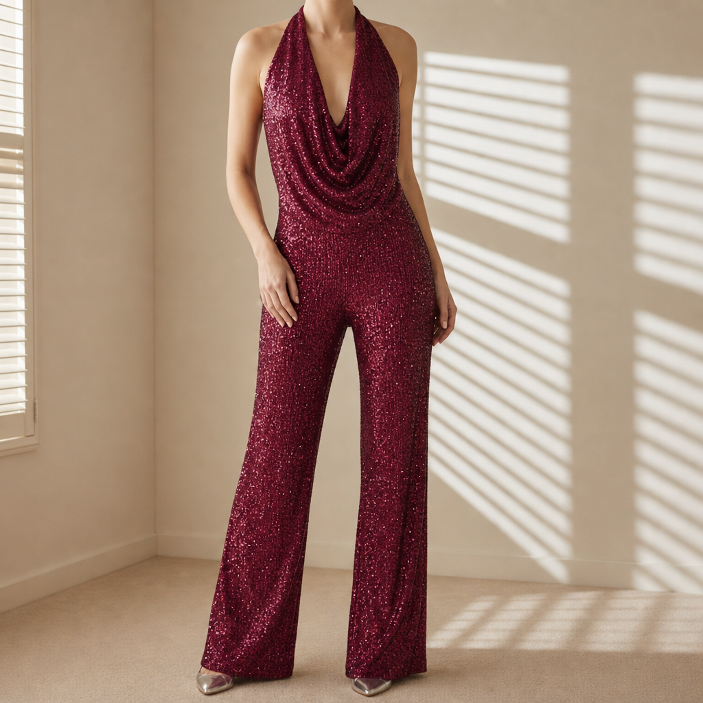 Sorrento Sequin Halter Wide-Leg Jumpsuit in Burgundy