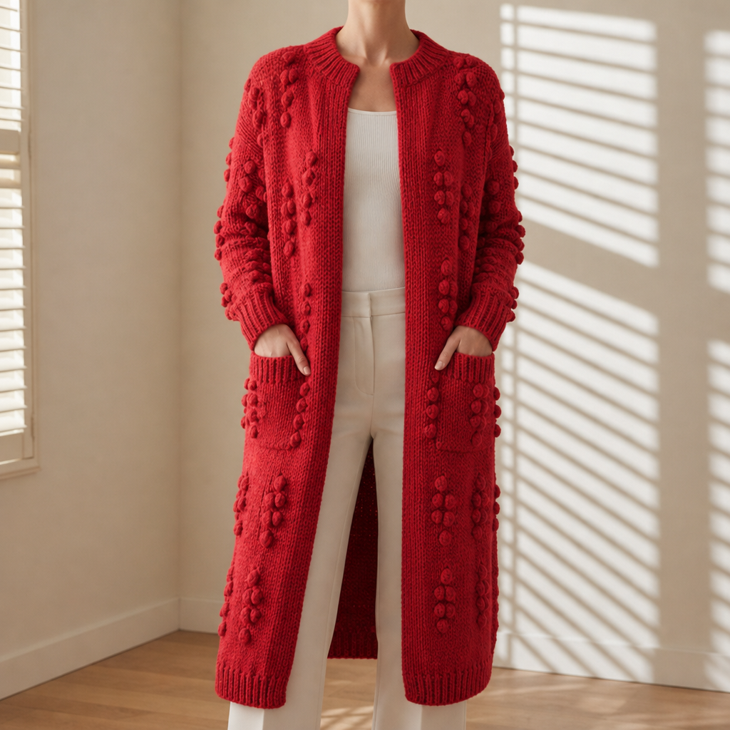 Merano Textured Knit Longline Cardigan in Red