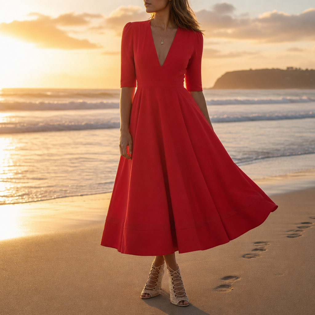 Ceret Deep V-Neck Midi Dress in Red