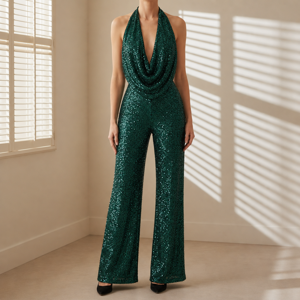 Sorrento Sequin Halter Wide-Leg Jumpsuit in Green