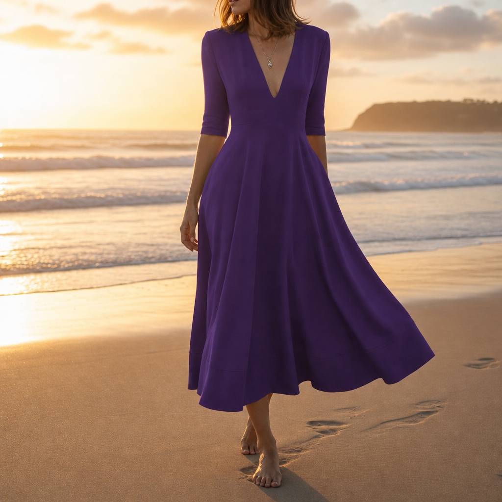Ceret Deep V-Neck Midi Dress in Purple